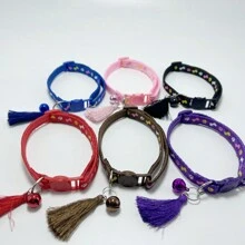 6入組貓狗項圈配流蘇,大骨頭及爪印圖案,多種顏色設計配鈴鐺,防丟失 - 彩色 - 查看 3