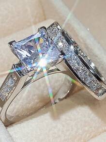 2入組豪華時尚方形鑲嵌情侶戒指,男女婚嫁求婚專用,中性設計高端珠寶 - 方形 - 查看 3