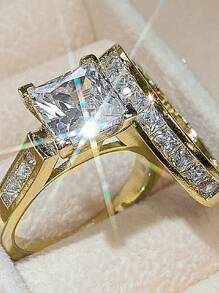 2入組豪華時尚方形鑲嵌情侶戒指,男女婚嫁求婚專用,中性設計高端珠寶 - 方形 - 查看 4