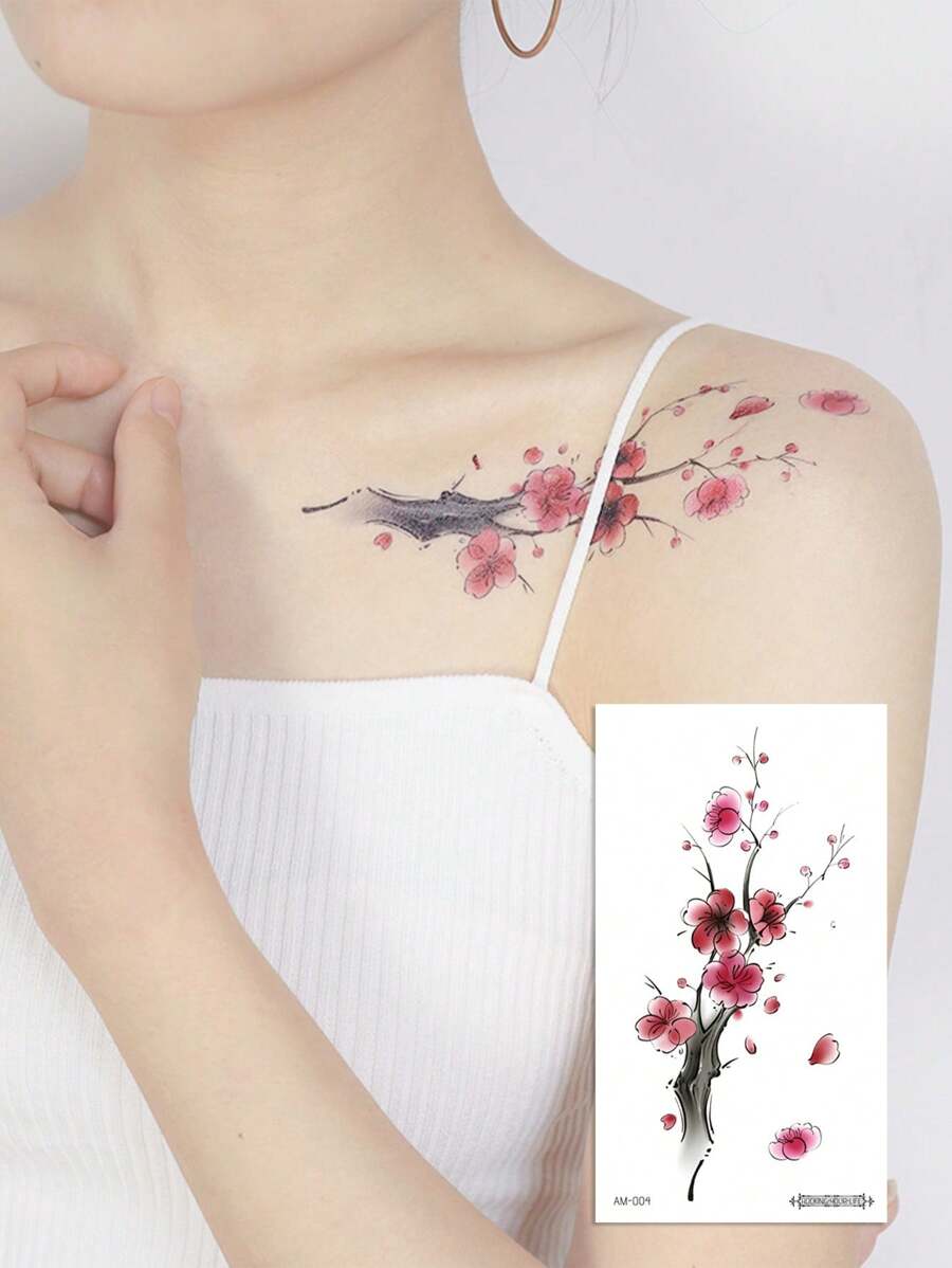 4 件風復古水墨梅花花卉圖案貼紙,防水臨時紋身適合女士鎖骨、肩膀、背部、手臂等。 - 彩色 - 查看 1