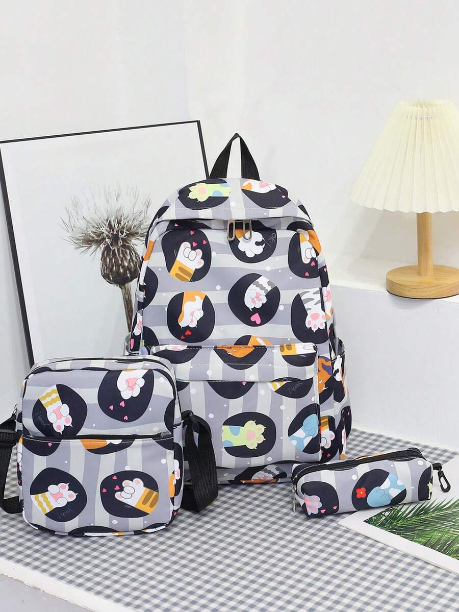 3入組時尚簡約貓爪設計可愛卡通印花書包,書包內附午餐袋和筆袋,萬聖節禮物