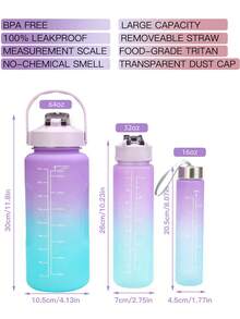 3 件裝水瓶帶吸管,64 盎司 32 盎司 16 盎司時間標記大號飲水瓶防漏半加侖 2 公升水壺適合運動健身房旅行 - 紫色 - 查看 2