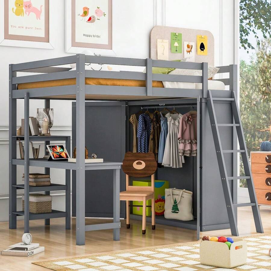 Full Sturdy Solid Pine Wood Loft Bed with Wardrobe and Desk Space-Saving and Multifunctional for Kids' Bedroom and Study Area in Dormitory or Home