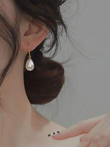 1對優雅復古S925純銀水滴形珍珠吊墜耳環，高端豪華女士耳環，適用於派對禮物婚禮新娘珠寶 - 金色 - 查看 4