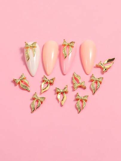 10 件金色合金丝带蝴蝶结美甲饰品指甲装饰配件 DIY 指甲饰物指甲宝石美甲用品指甲
