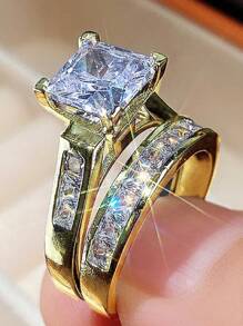 2入組豪華時尚方形鑲嵌情侶戒指,男女婚嫁求婚專用,中性設計高端珠寶 - 方形 - 查看 10