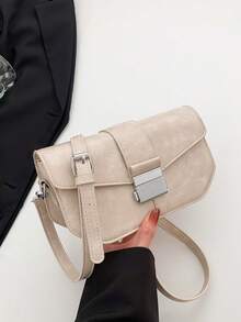 复古 PU 拼接时尚通勤单肩斜挎方形女包，秋冬款 - 米色 - 查看 5