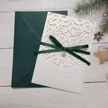 10 Set White Pocket Wedding Invitation Card With Envelope And Blank Sheet And Pearl Ribbon - White - View 8