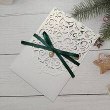 10 Set White Pocket Wedding Invitation Card With Envelope And Blank Sheet And Pearl Ribbon - White - View 9