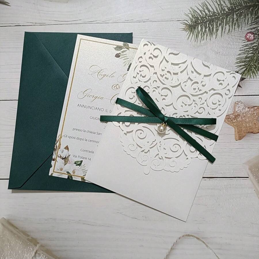 10 Set White Pocket Wedding Invitation Card With Envelope And Blank Sheet And Pearl Ribbon - White - View 1