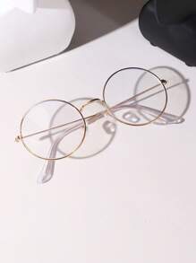 1pc Retro Round Eyeglasses For Men And Women, Non-Prescription - Gold - View 2