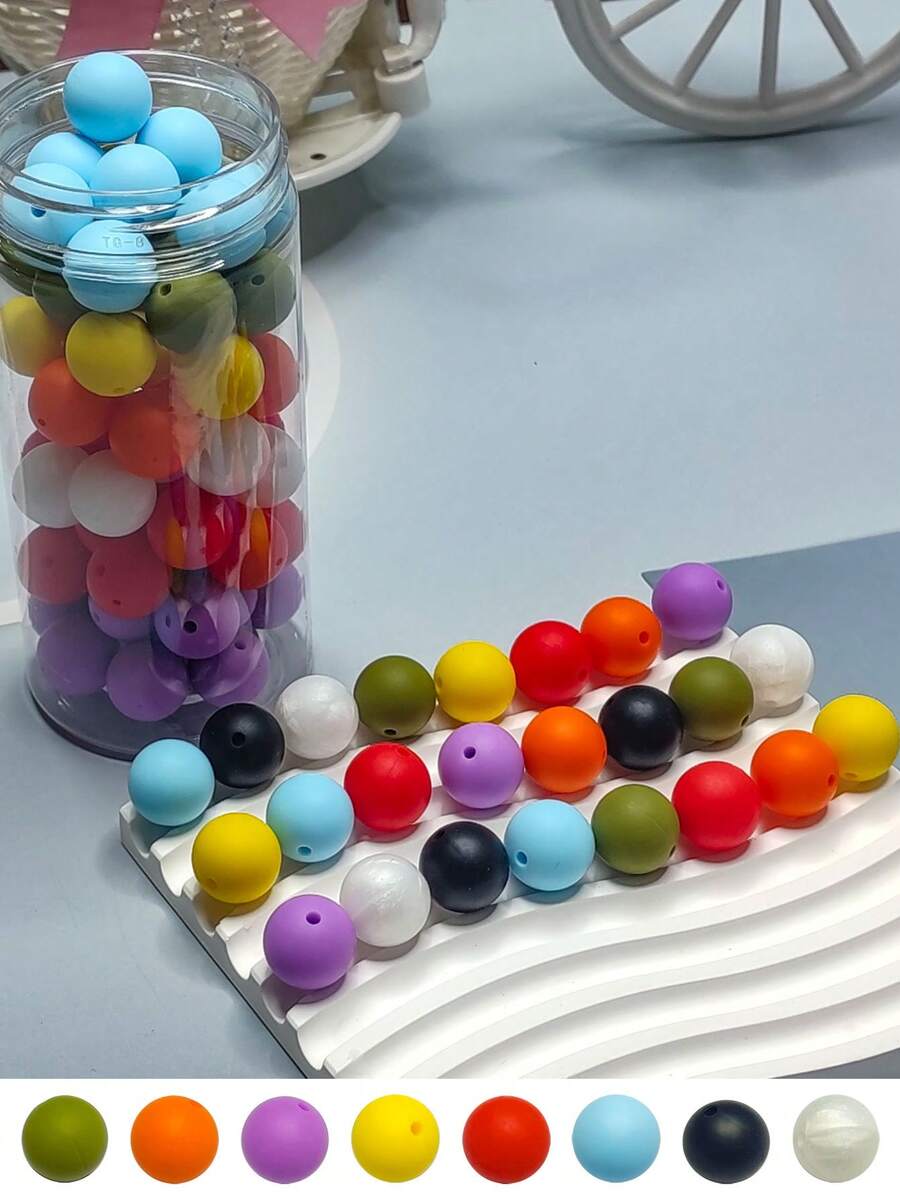 60入組15mm黃色圓形矽膠珠頸鍊、手鍊、diy工藝製作套件-散裝矽膠彩色珠子-珠寶製作矽膠珠