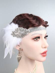 1pc 1920s Flapper Headband With Silver Rhinestone & Sparkly White Feather Decoration Vintage - Silver - View 2