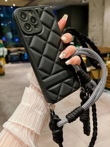 A Black Checkered Tpu Soft Shell Anti-fall + Black Long Diagonal Cross-string Mobile Phone Case Protective Cover - Black - View 3