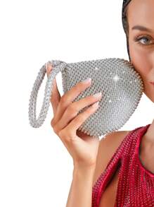 Asymmetric Shaped Rhinestone Embellished Women Evening Clutch Bag, Glamorous Rhinestone Bag - Silver - View 4