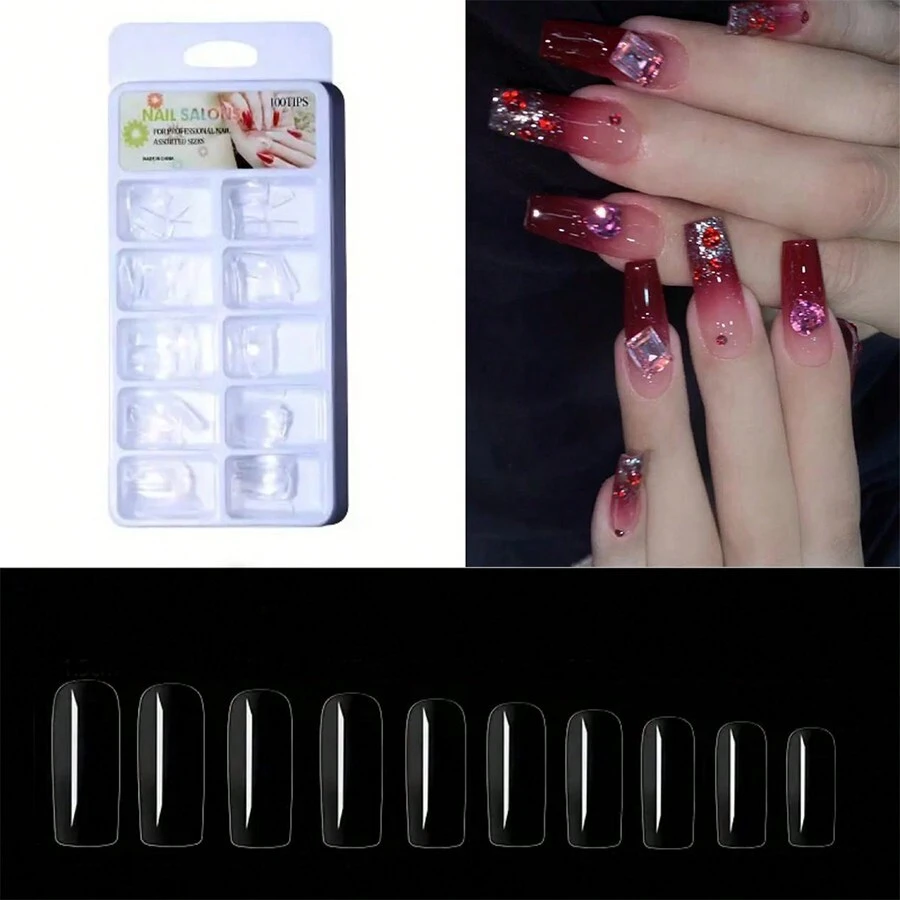 100 片美甲假指甲貼片,用於指甲延長的壓克力人造指甲,用於美甲沙龍的法式方形假指甲尖和 Diy 指甲尖藝術(透明) - 無色 - 查看 1