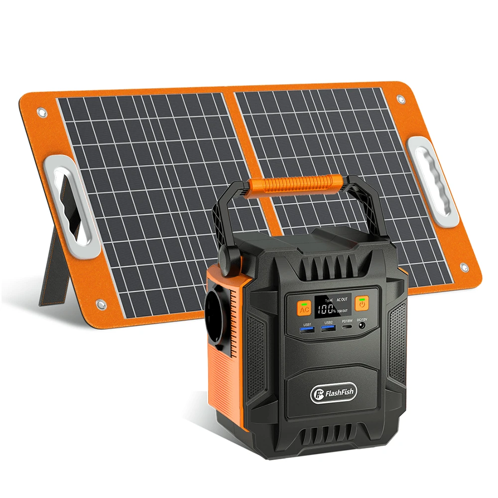 FF FlashFish 200W Portable Power Station 48000mAh Solar Generator Backup Power Battery With 18V/60W Foldable Solar Panel, Portable Solar Charger With DC Output - 黑色 - 查看 1