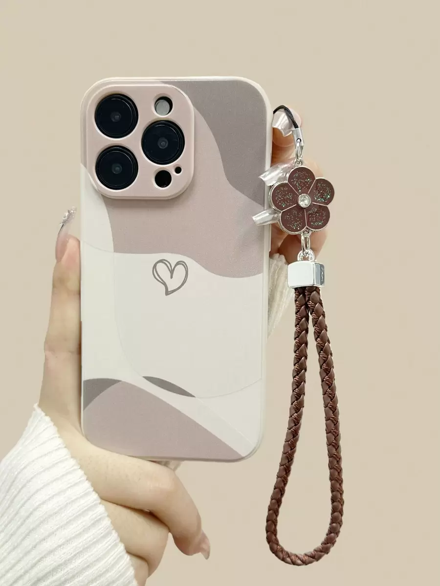 手机挂绳心形手绘米色防摔印花手机壳，配手工编织手链和腕带，兼容 、三星、红米系列 - 彩色 - 查看 1
