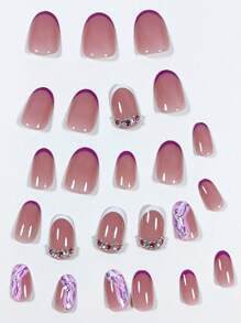 24 Piezas Cortas Uñas Redondas Con Degradados Morados Y Decoración De Piedras Brillantes, Estilo Francés, Sencillo Y Moderno - Multicolor - Ver 3