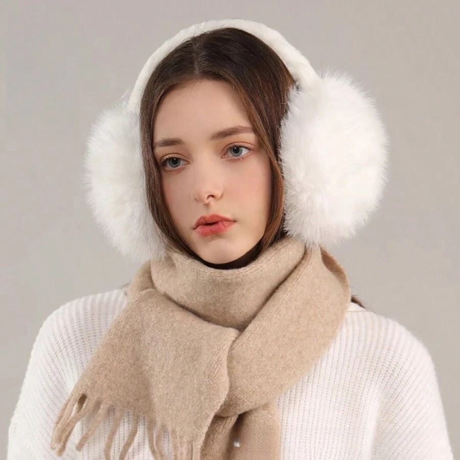 1pc折疊白色兔毛可愛耳套純色保暖耳套冬季女毛絨耳套耳保暖