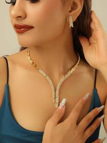 3pcs/set Gold Plated Zinc Alloy V Shape Full Rhinestone Earrings & Necklace Jewelry Set For Women, Party - V shape - View 1