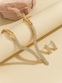 3pcs/set Gold Plated Zinc Alloy V Shape Full Rhinestone Earrings & Necklace Jewelry Set For Women, Party - V shape - View 5