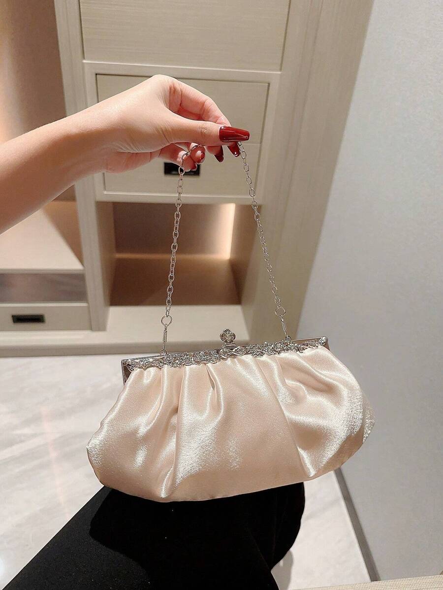 Sac de soirée en satin exquis pour femmes Moonlit EveBag, sac embrayage avec décoration en strass pour événements formels, soirées, robes/costumes et danse, avec poignée à chaîne