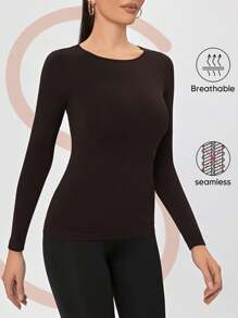 女士无缝长袖运动内衣上衣，圆领设计，轻薄保暖，适合夏季空调穿着