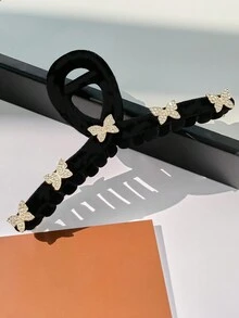 一件黑色可愛復古植絨布蝴蝶裝飾塑膠爪夾女士髮飾適合日常使用 - 黑色 - 查看 2