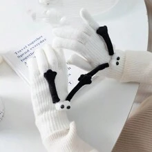 1對女性創意情侶手套,可愛的黑白五指手套,有趣的觸控暖織手套,適用於騎行、秋冬季節