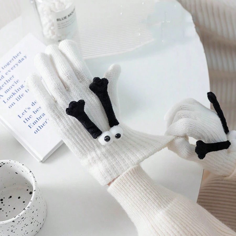 1對女性創意情侶手套,可愛的黑白五指手套,有趣的觸控暖織手套,適用於騎行、秋冬季節