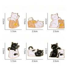 6件套女士卡通可爱新款黑白猫形背包，金属胸针，贴片，个性化时尚日常穿搭，包包装饰，徽章