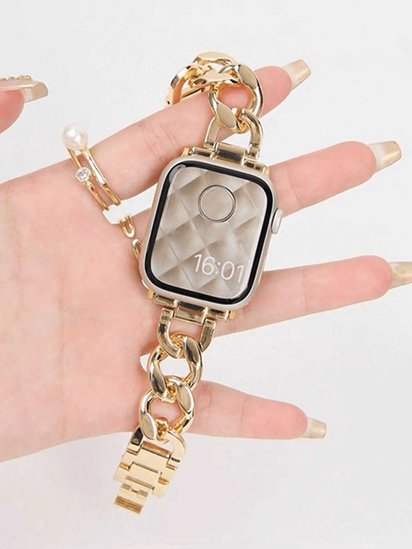 1条女士时尚金色金属链表带，兼容 46mm 49mm 40mm 44mm 45mm 41mm 42mm 38mm，智能手表表带配件，兼容 Series 11 10 9 8 7 SE 6 5 4 3 2 1 Ultra 3/2/1，奢华替换腕带，兼容 S10 S11