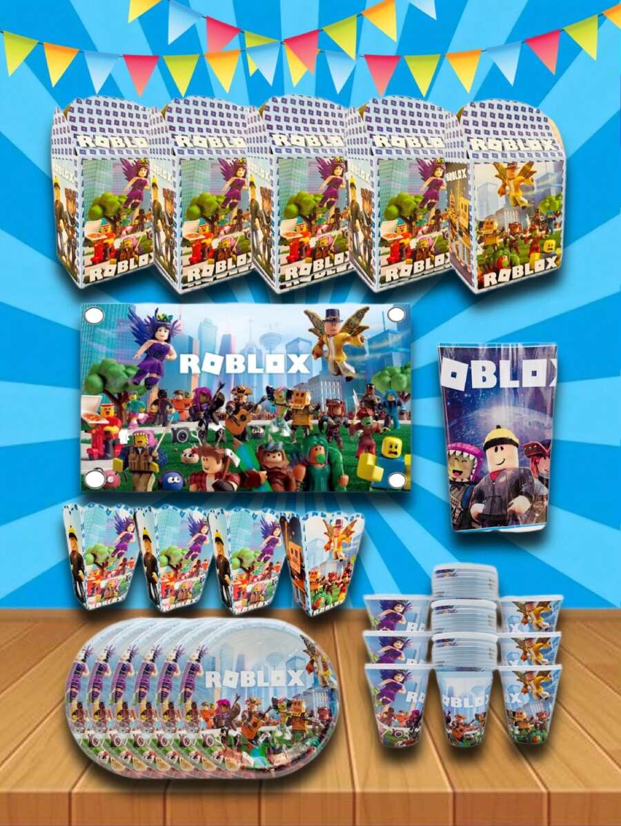 70位來賓的roblox角色派對裝飾套裝(包括盤子、杯子、糖果袋、爆米花、旗幟和桌布),還包括派對禮物、橫幅和紀念品 - 黑色 - 查看 1