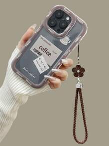 手機掛繩咖啡杯字畫，加厚方形透明抗跌邊保護，附有手編手鐲，適用於iPhone 15系列，XR/7/8字畫款，適用於iPhone 15 Pro Max，Apple 13，14 Apple 11，P12柔軟套，防摔XS直邊畫TPU抗跌軟殼電話套 - 彩色 - 查看 3