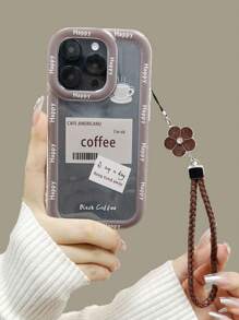 手機掛繩咖啡杯字畫，加厚方形透明抗跌邊保護，附有手編手鐲，適用於iPhone 15系列，XR/7/8字畫款，適用於iPhone 15 Pro Max，Apple 13，14 Apple 11，P12柔軟套，防摔XS直邊畫TPU抗跌軟殼電話套 - 彩色 - 查看 2
