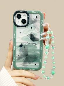 Butterfly Painting Thickened Transparent Square Anti-Fall Protective Case With Added Floral Wrist Strap Compatible With IPhone 15 Series XR/ 7/ 8, IPhone 15 Pro Max/ 13/ 14/ 11/ P12/ XS, Soft Shockproof TPU Border With Painting Compatible With IPhone 11Pro, New Arrival - Multicolor - View 1