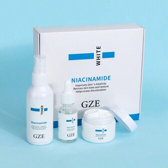 GZE 烟酰胺美白亮肤套装，适用于面部收缩毛孔淡化黑斑祛斑亮肤爽肤水、精华液和面霜 1 套，均匀肤色