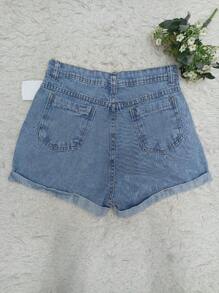 Women Denim Shorts - 中等水洗藍 - 查看 2