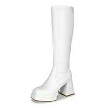 WETKISS Stacked Platform Knee High Boots for Women With High Chunky Heel, Gogo Boots for Women with Square Toe Side Zipper Stretch Boot - 白色 - 查看 1