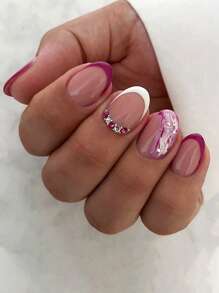 24 Piezas Cortas Uñas Redondas Con Degradados Morados Y Decoración De Piedras Brillantes, Estilo Francés, Sencillo Y Moderno - Multicolor - Ver 1