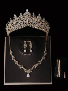 1 套女士金色新娘首飾套裝,包括皇冠、項鍊、耳環、手鍊和戒指,共 7 件,適合婚紗、正裝、婚禮、派對或聚會頭飾 - 金色 - 查看 3