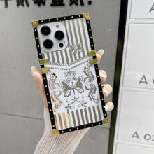 1入款白色鑲嵌方形復古蝴蝶＆戒指支架設計時尚手機殼（適用於蘋果，三星等品牌），適用於商務女性、男性，防摔