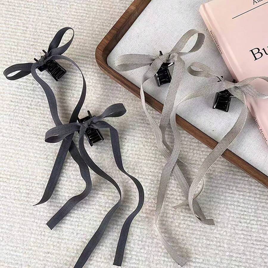 2 件裝灰色條紋緞帶蝴蝶結髮夾,甜美可愛芭蕾風格髮夾,適合時尚髮型 - 灰色 - 查看 1