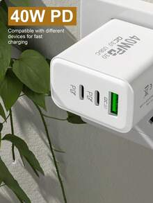 1pc Pvc Square Shaped Charger With 1 Usb And 2 Pd 40w Charging Ports, Compatible With A Series Of Phone Models, With Qc3.0 Wall Plug - White - View 8