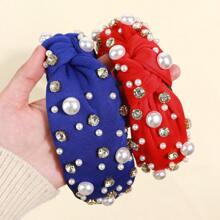 1 件巴洛克风格打结头带，带珍珠和水钻装饰，适合女孩，防滑时尚发饰