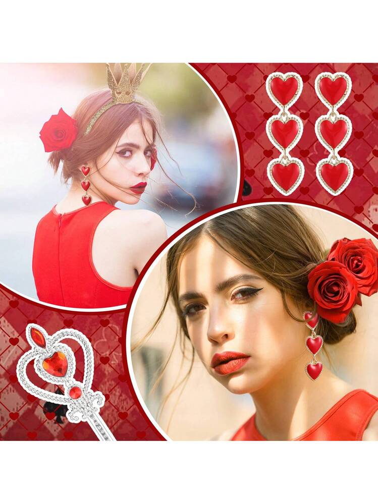 5PCS Accessori Regina di Cuori Costume Donna Bambina, Cerchietto Corona Regina di Cuori Scettro Orecchini Collana Cuore Rosso Glitter Adesivi Tatuaggio, Accessori Costume Carnevale Halloween Cosplay