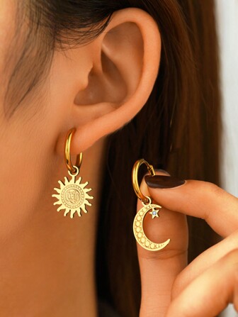 Aomogo Boucles D'oreilles En Acier Inoxydable Boucles D'oreilles Vintage Élégantes En  De Soleil-lune Earrings Accessoire De Femme À La Mode Cadeau De Fête
