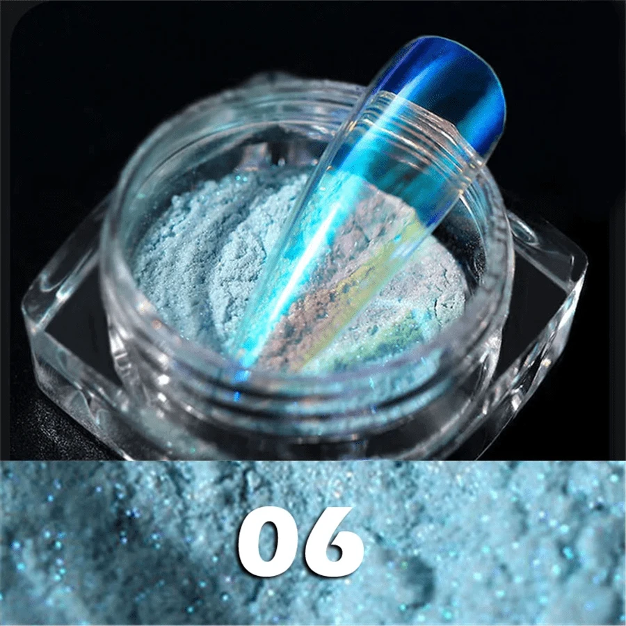 雾霾蓝新款 6 色美人鱼镀铬指甲粉，用于全息镜面效果，0.2g 带清洁刷 - 霧霾藍 - 查看 1