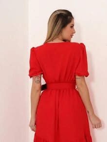 vestido longo feminino de duna com manga curta V3013 - Vermelho - Visão 4